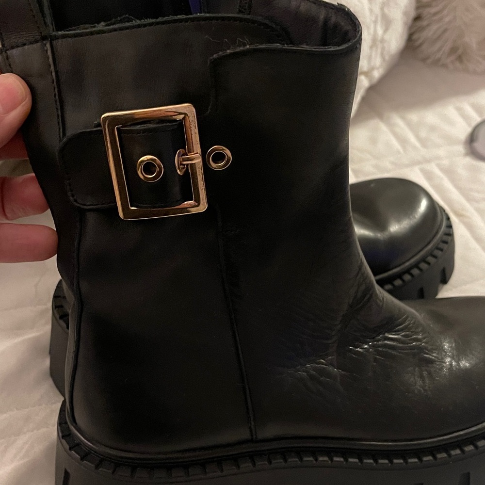 Steve Madden Black Boots with Gold Buckle